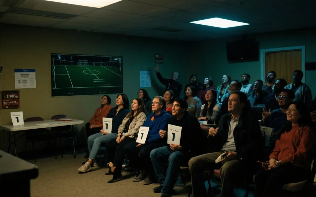 社区活动室里人们一起观看比赛并参与互动投票，温暖而有参与感